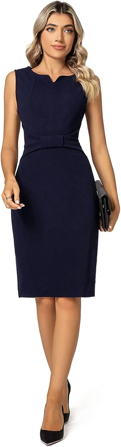 MINTLIMIT Women Sheath Dress Notch V Neck 3/4 Sleeve Bow Waist Wear to Work Pencil Dresses