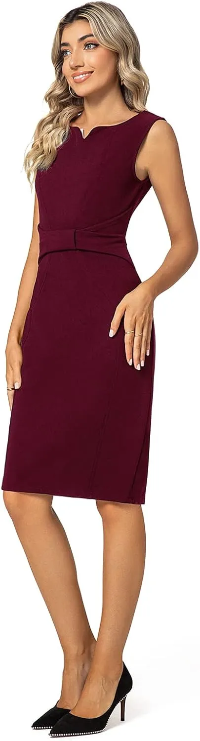 MINTLIMIT Women Sheath Dress Notch V Neck 3/4 Sleeve Bow Waist Wear to Work Pencil Dresses