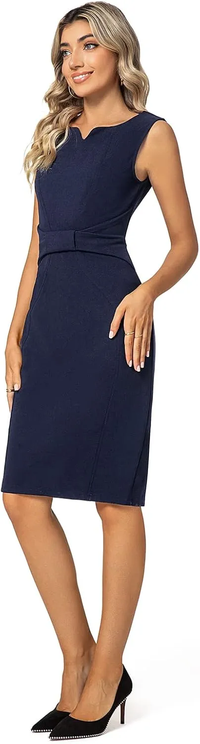 MINTLIMIT Women Sheath Dress Notch V Neck 3/4 Sleeve Bow Waist Wear to Work Pencil Dresses