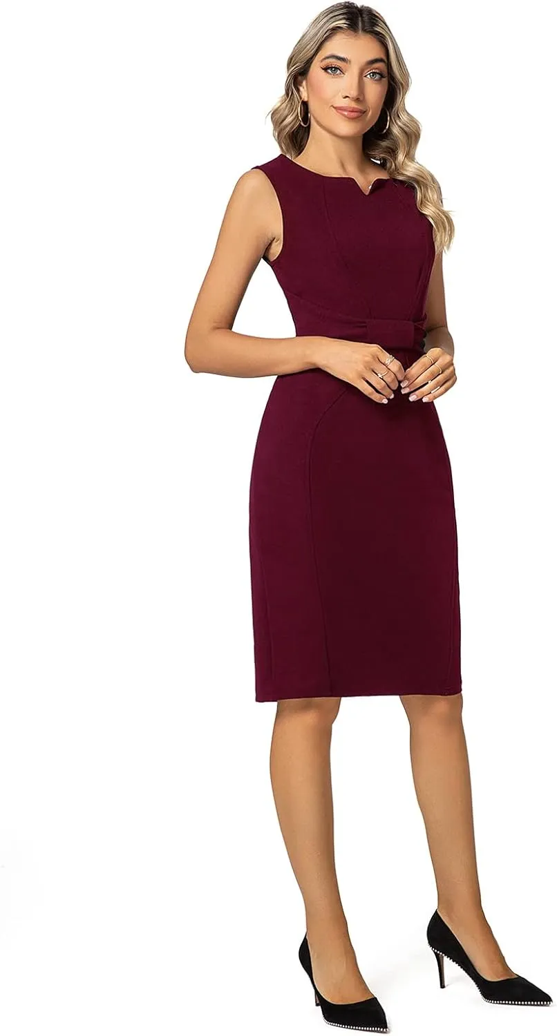 MINTLIMIT Women Sheath Dress Notch V Neck 3/4 Sleeve Bow Waist Wear to Work Pencil Dresses
