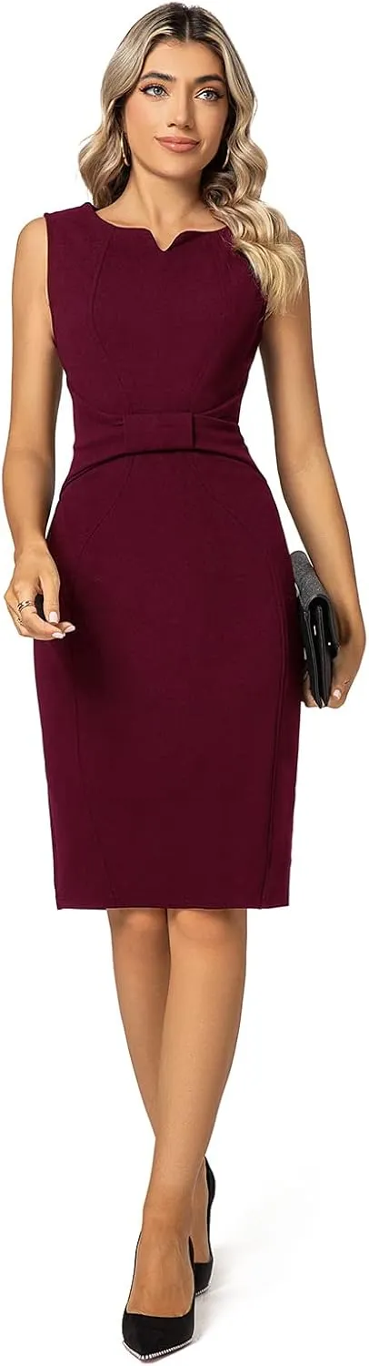 MINTLIMIT Women Sheath Dress Notch V Neck 3/4 Sleeve Bow Waist Wear to Work Pencil Dresses