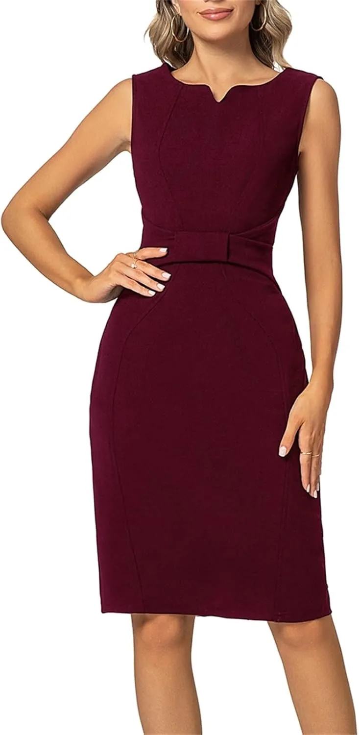MINTLIMIT Women Sheath Dress Notch V Neck 3/4 Sleeve Bow Waist Wear to Work Pencil Dresses
