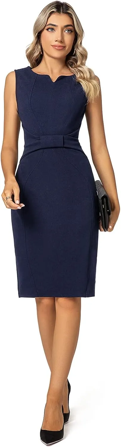 MINTLIMIT Women Sheath Dress Notch V Neck 3/4 Sleeve Bow Waist Wear to Work Pencil Dresses