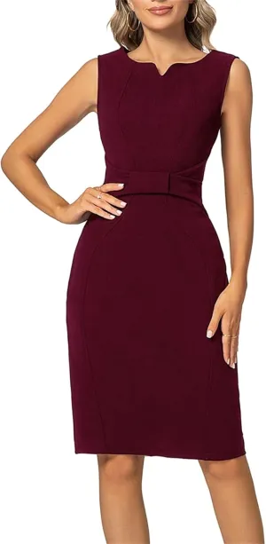 MINTLIMIT Women Sheath Dress Notch V Neck 3/4 Sleeve Bow Waist Wear to Work Pencil Dresses