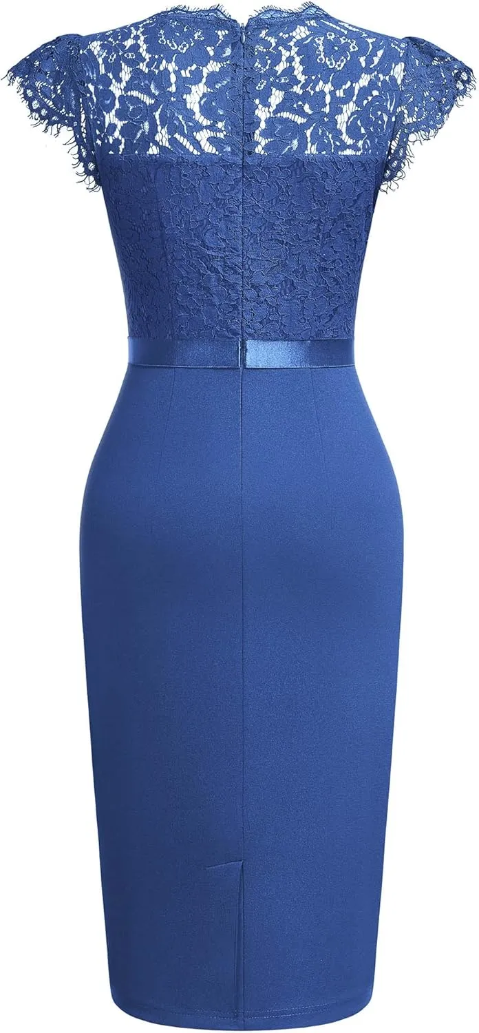 Miusol Women's Elegant Floral Lace Ruffle Design Cap Sleeve Cocktail Party Dress