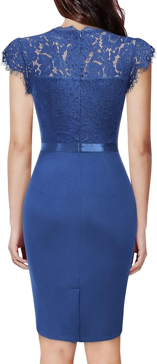 Miusol Women's Elegant Floral Lace Ruffle Design Cap Sleeve Cocktail Party Dress