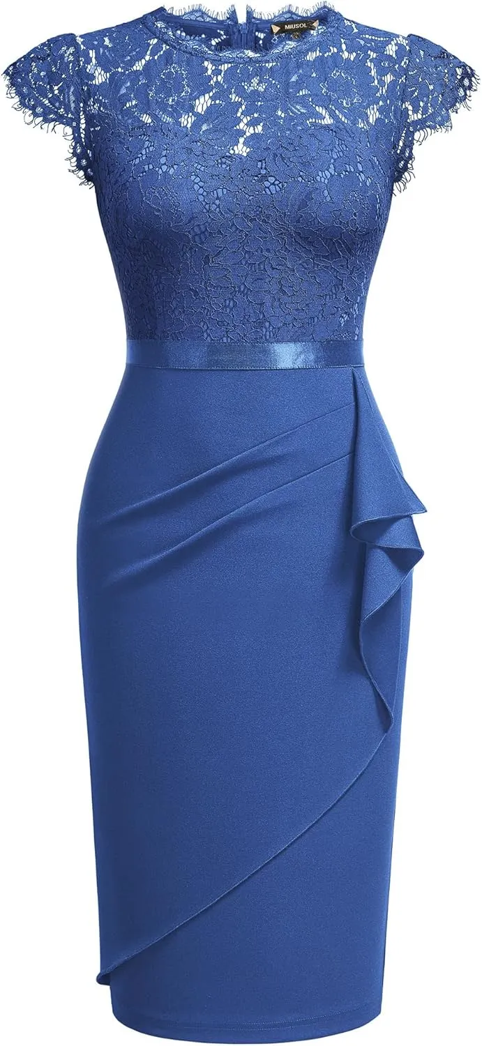 Miusol Women's Elegant Floral Lace Ruffle Design Cap Sleeve Cocktail Party Dress
