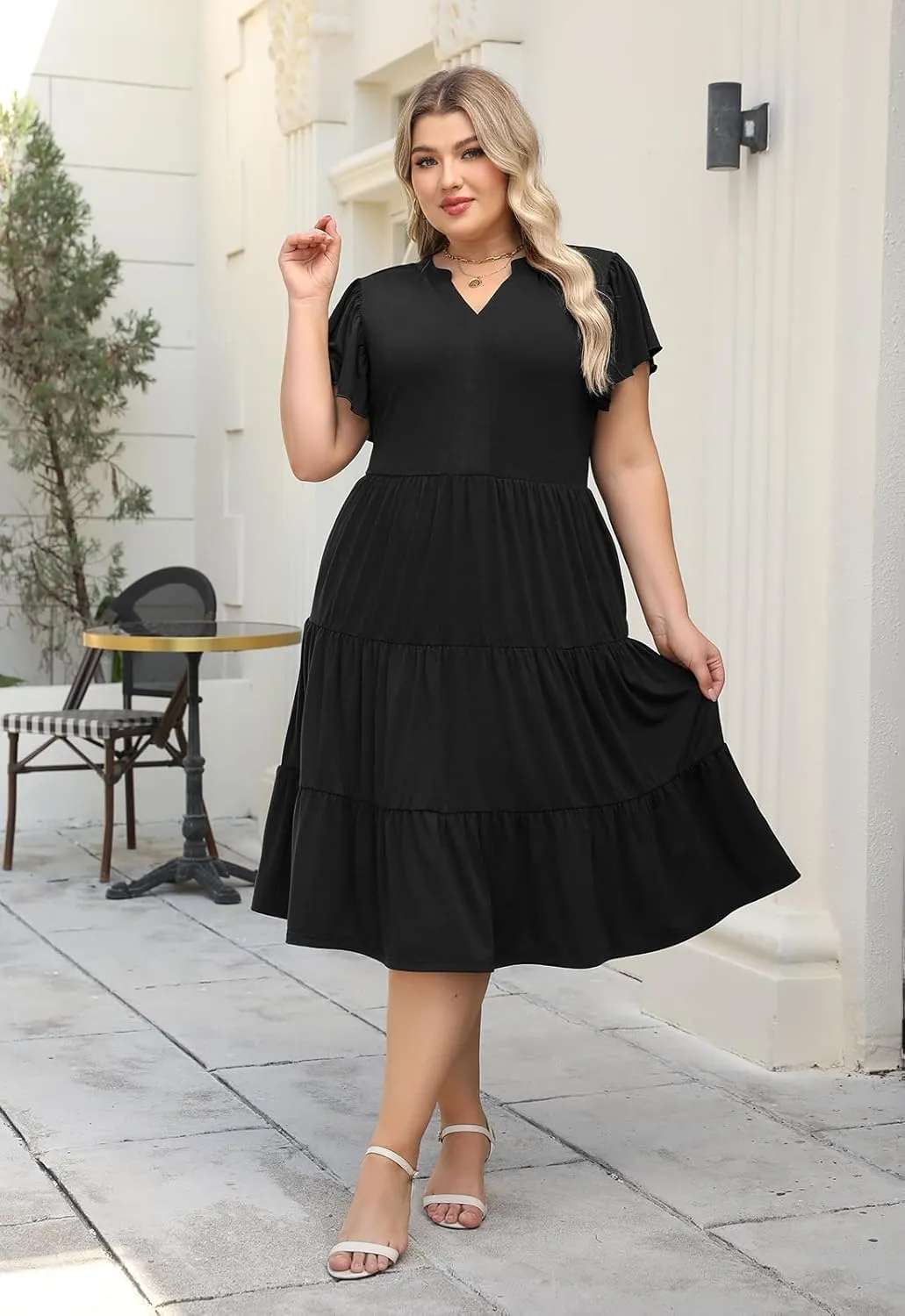 Nemidor Womens Plus Size Summer Midi Dress Tiered Casual Loose Swing Dresses with Ruffle Sleeve and Pocket 16-26