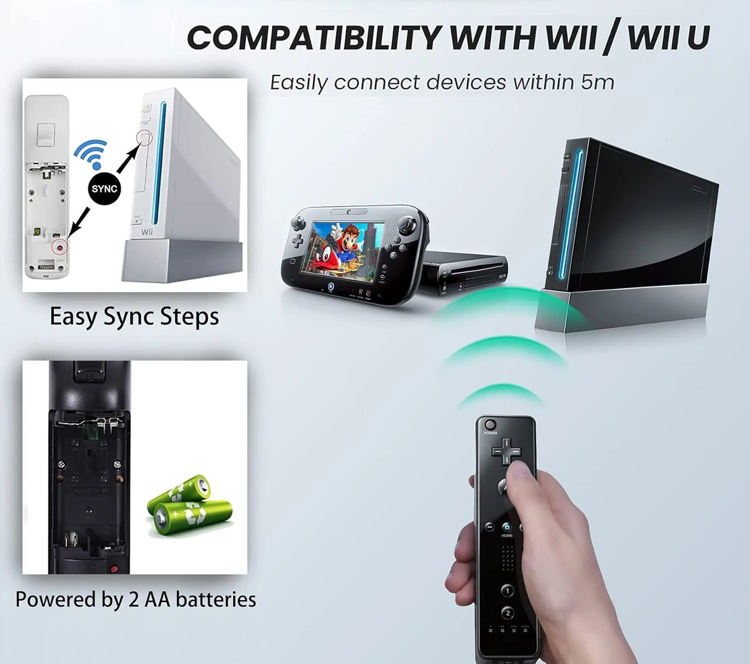 PGYFDAL 2 Packs Classic Remote Controller Compatible for Wii Wii U Console, Gamepad with Soft Silicone Sleeve and Wrist Strap (Black and Red)