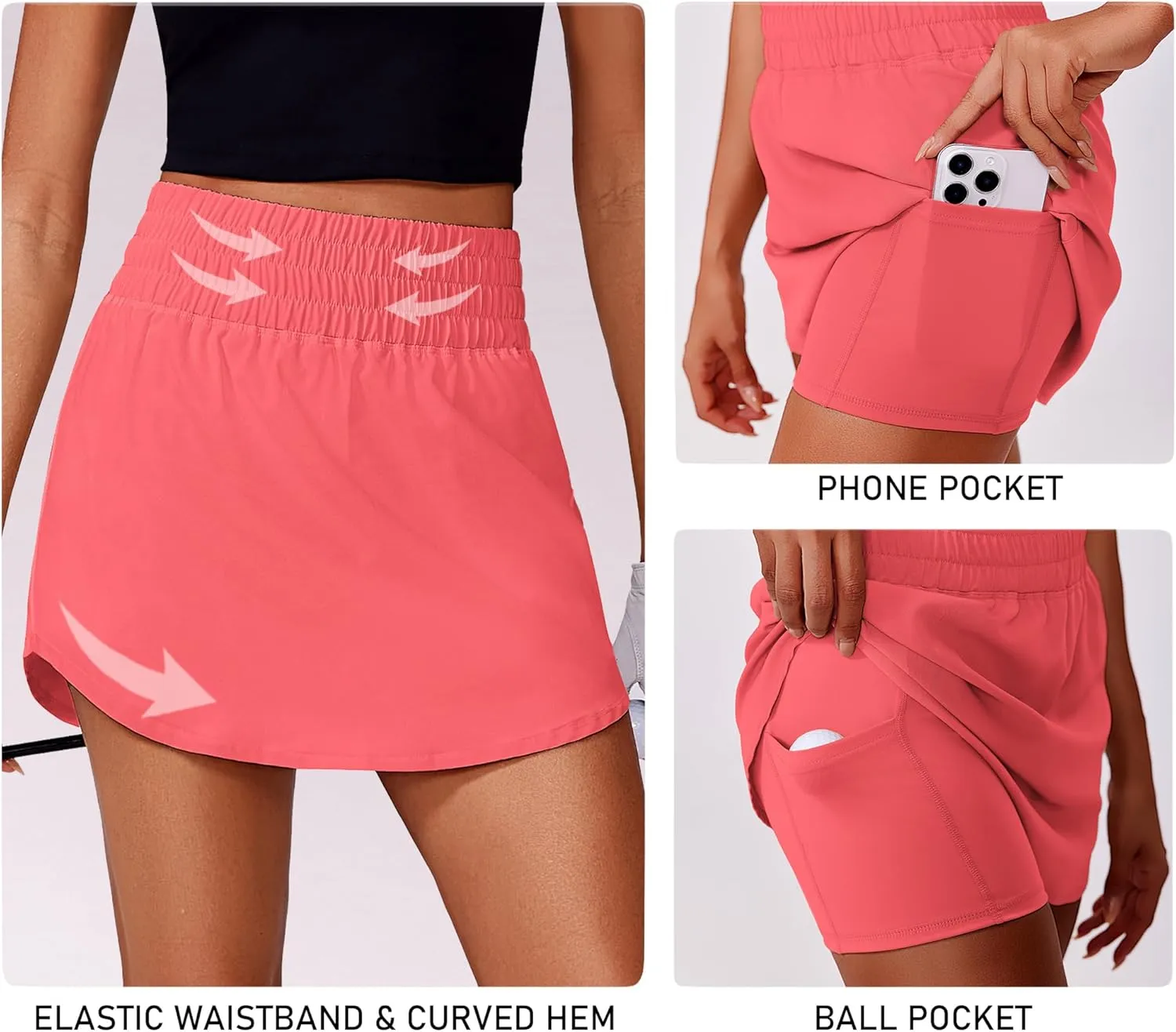 PINSPARK Golf Skirts for Women High Elastic Waisted Athletic Skort 2 Pockets Curved Hem Tennis Skirt for Pickleball Workout