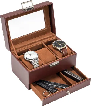 ProCase Men's Watch Box - 3 Slot Display Case with Drawer, Glass Lid, 2-Layer Jewelry & Watch Storage - Espresso