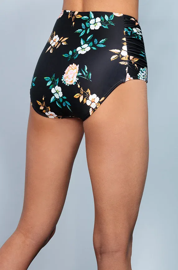 Ruched High Waist Bottom - Black Retro Floral - FINAL SALE - FINAL FEW