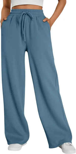 Trendy Queen Womens Wide Leg Sweatpants High Waisted Baggy Lounge Pants Drawstring Athletic Flared Joggers with Pockets