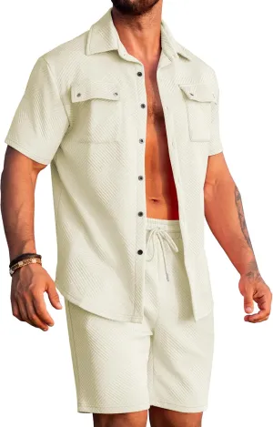 URRU Men's 2 Piece Outfits Summer Short Sets Casual Short Sleeve Button Up Shirt and Short Set