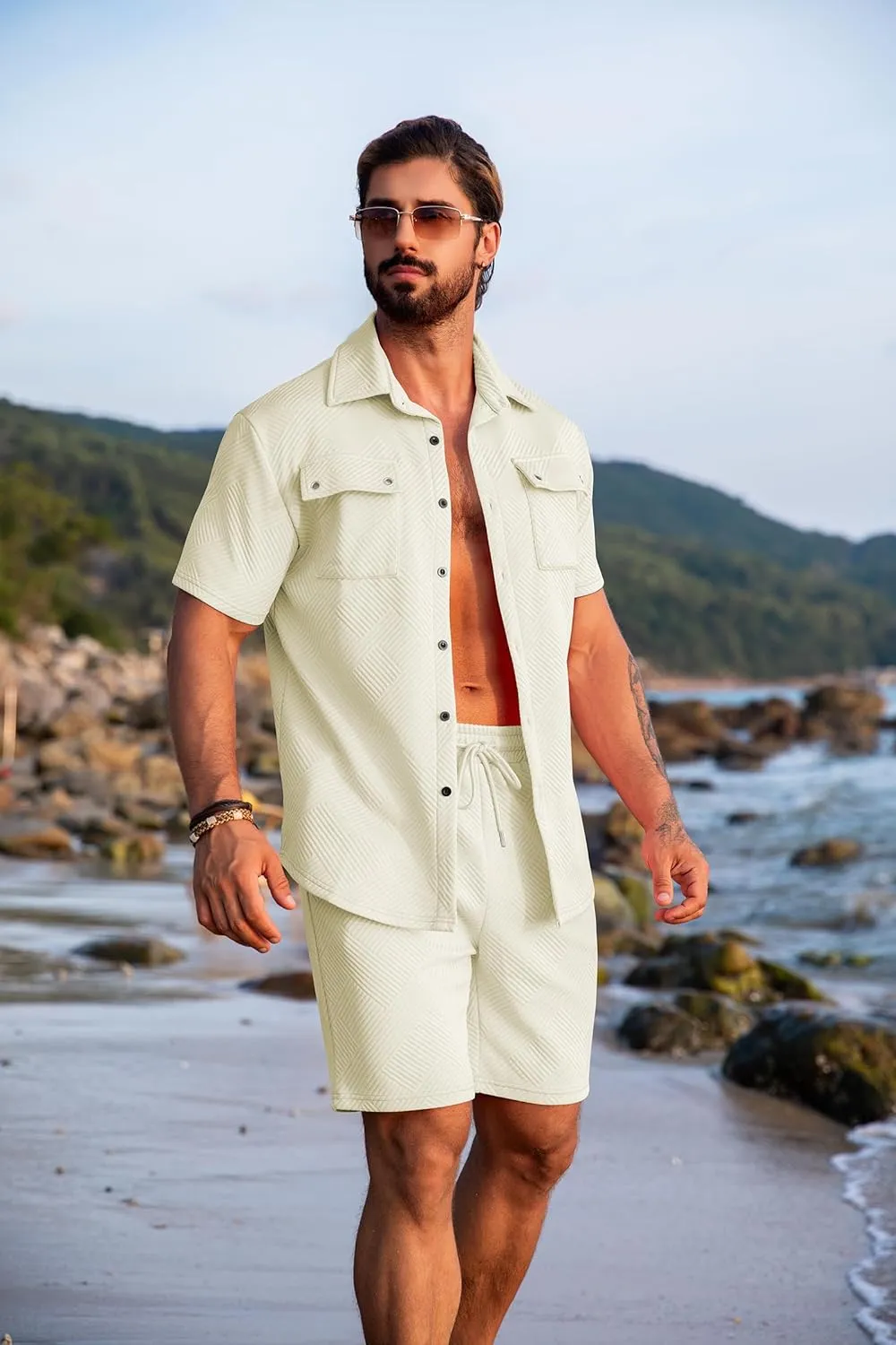URRU Men's 2 Piece Outfits Summer Short Sets Casual Short Sleeve Button Up Shirt and Short Set