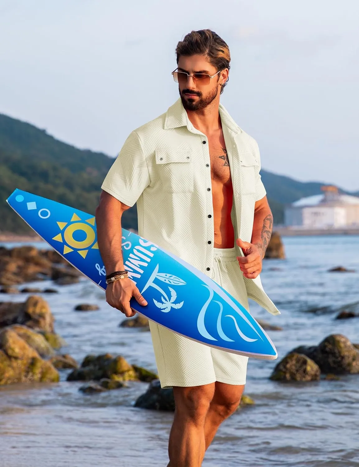 URRU Men's 2 Piece Outfits Summer Short Sets Casual Short Sleeve Button Up Shirt and Short Set