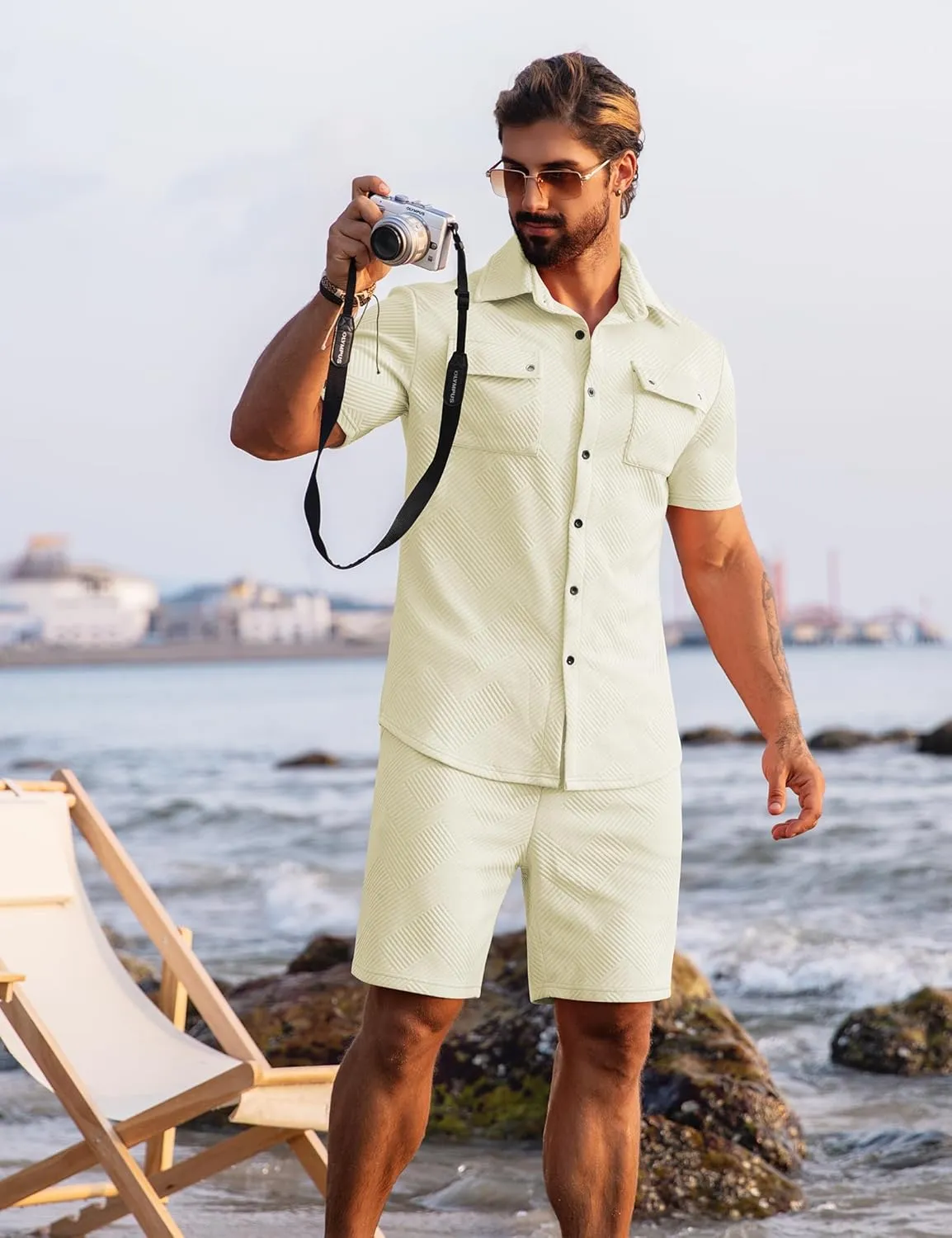 URRU Men's 2 Piece Outfits Summer Short Sets Casual Short Sleeve Button Up Shirt and Short Set