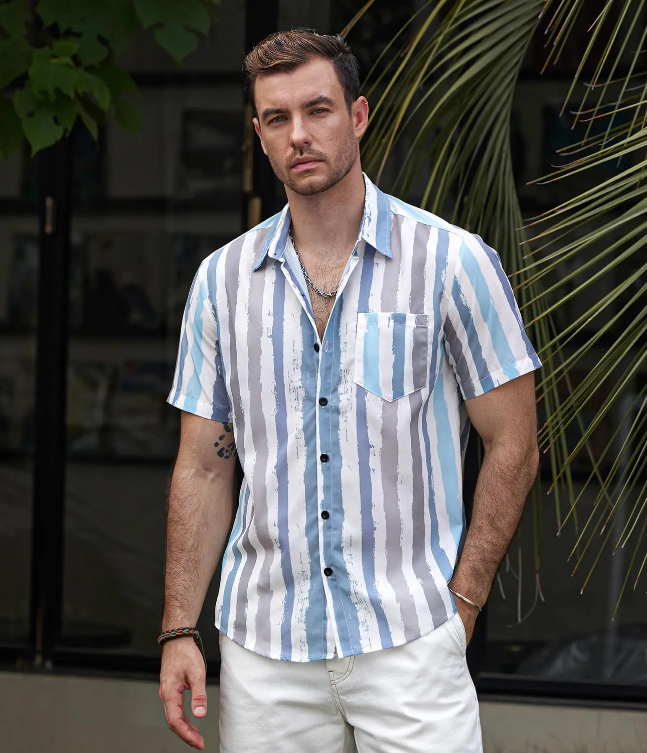VATPAVE Mens Striped Summer Shirts Casual Button Down Short Sleeve Beach Stylish Untucked Hawaiian Shirts