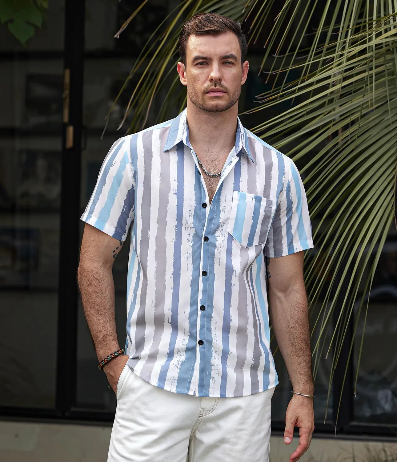 VATPAVE Mens Striped Summer Shirts Casual Button Down Short Sleeve Beach Stylish Untucked Hawaiian Shirts