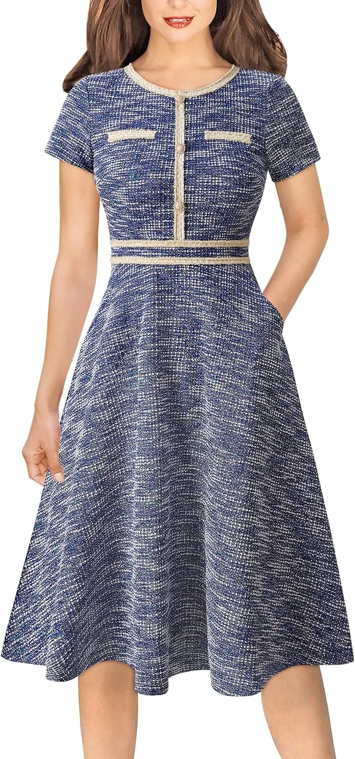 VFSHOW Womens Button Pockets Slim Wear to Work Office Business Party Patchwork A-Line Dress