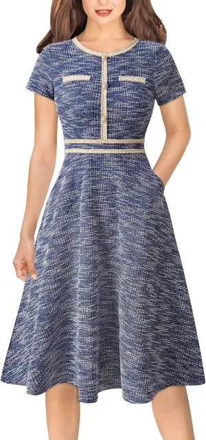 VFSHOW Womens Button Pockets Slim Wear to Work Office Business Party Patchwork A-Line Dress