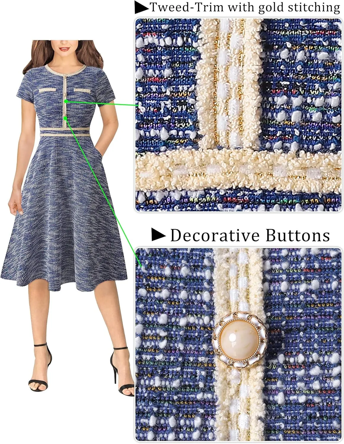 VFSHOW Womens Button Pockets Slim Wear to Work Office Business Party Patchwork A-Line Dress