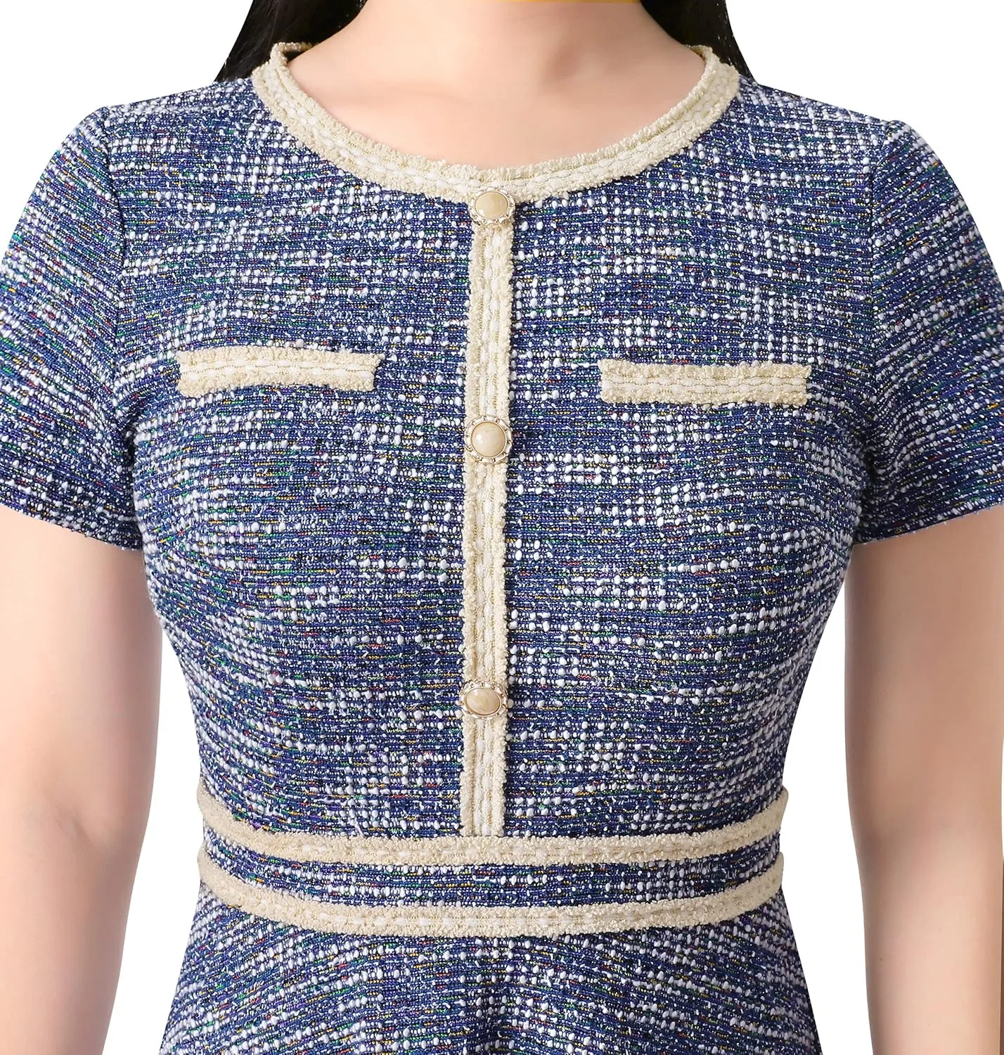 VFSHOW Womens Button Pockets Slim Wear to Work Office Business Party Patchwork A-Line Dress