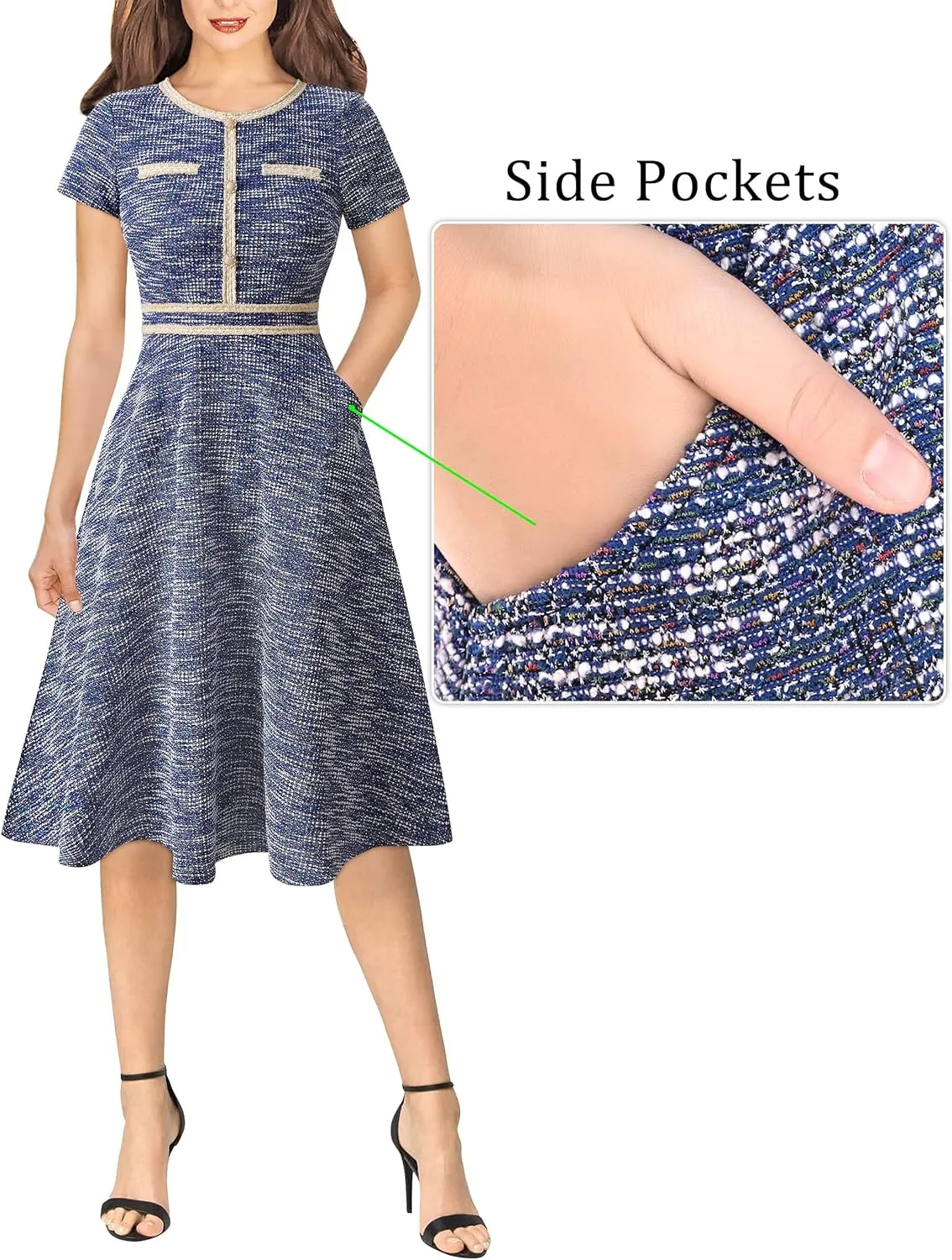 VFSHOW Womens Button Pockets Slim Wear to Work Office Business Party Patchwork A-Line Dress