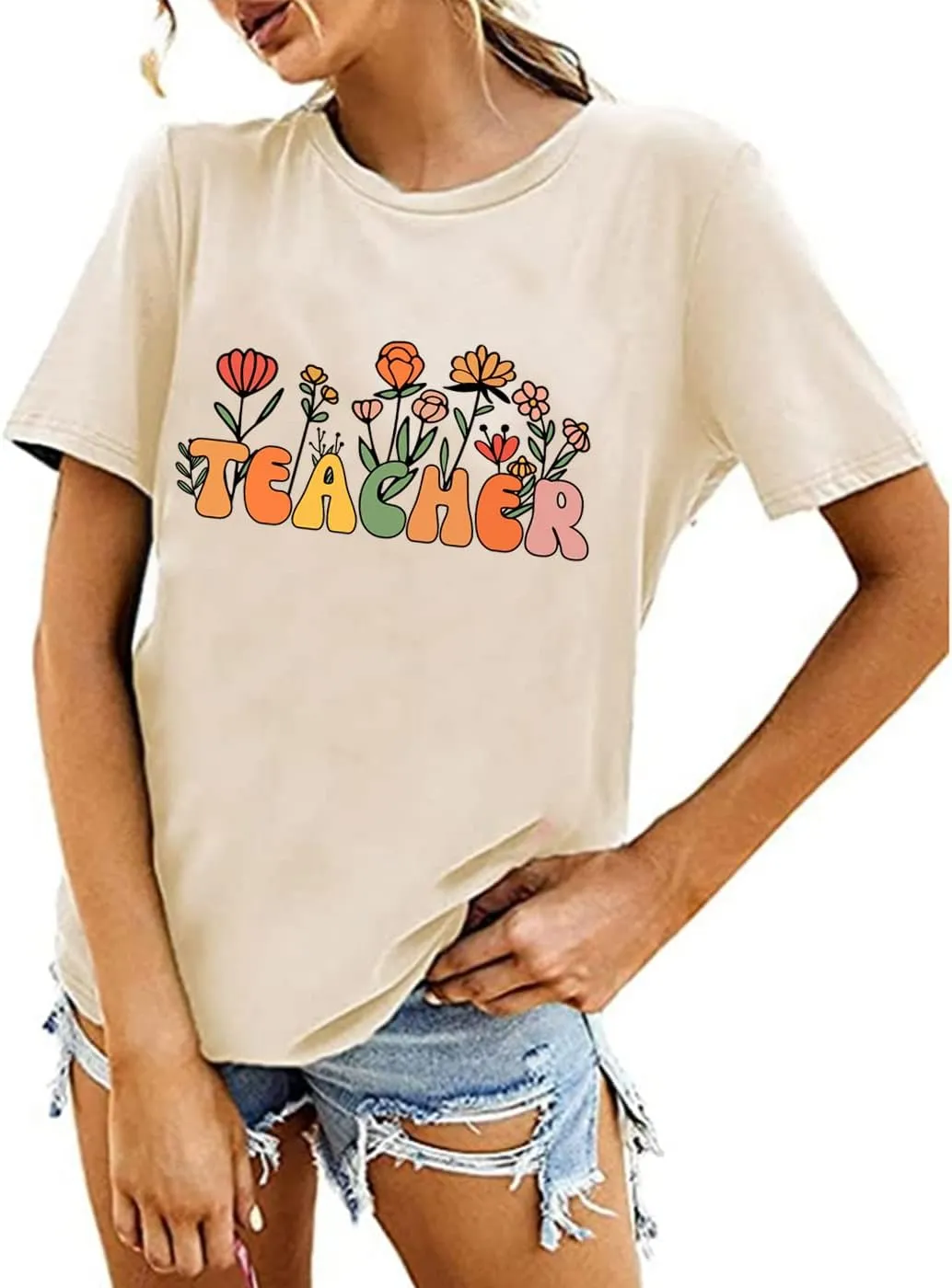 Women Flower Teacher Shirt Back to School Teaching Kindergarten Teacher Life Shirt Inspirational Letter Tee Tops