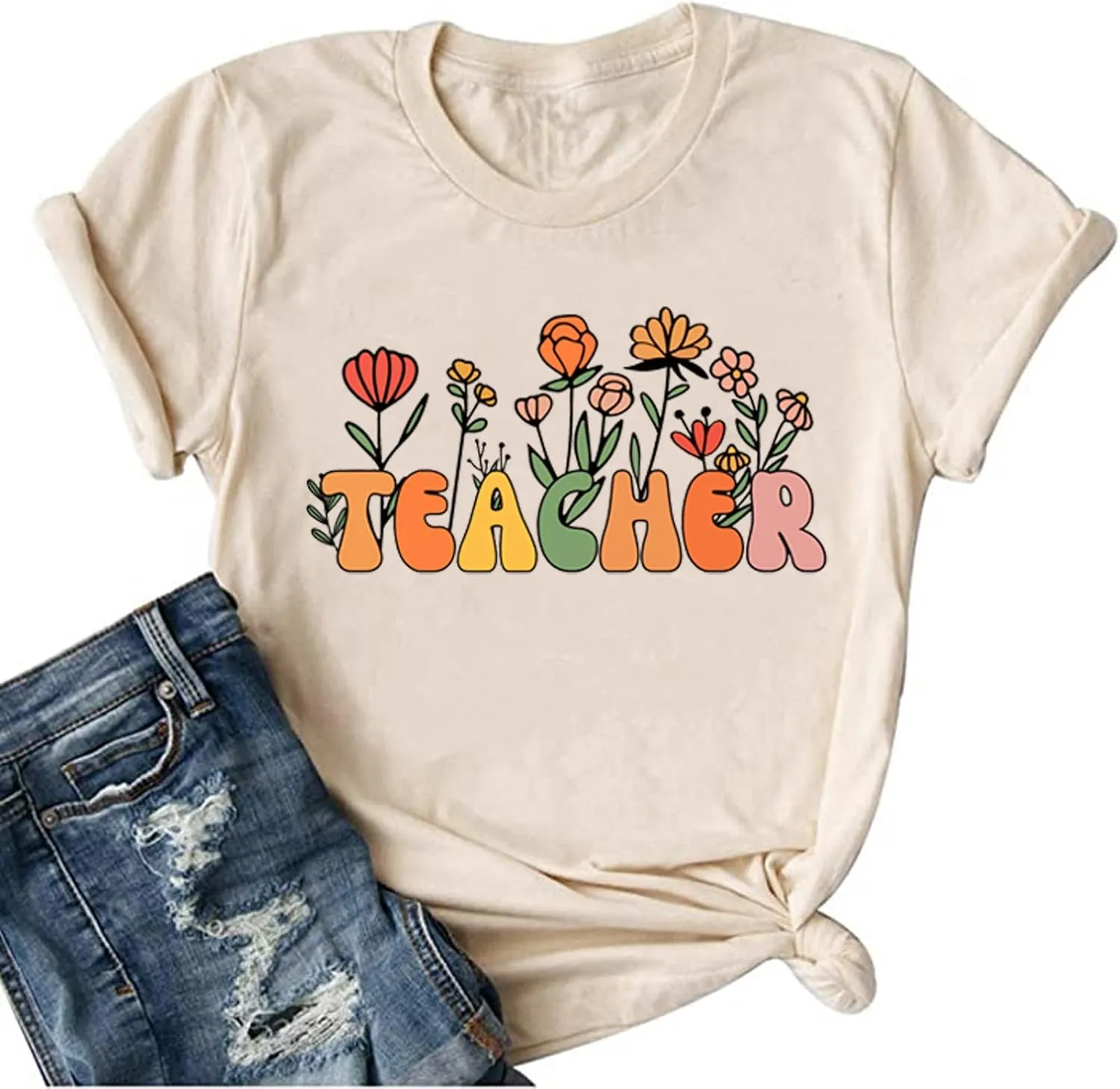 Women Flower Teacher Shirt Back to School Teaching Kindergarten Teacher Life Shirt Inspirational Letter Tee Tops