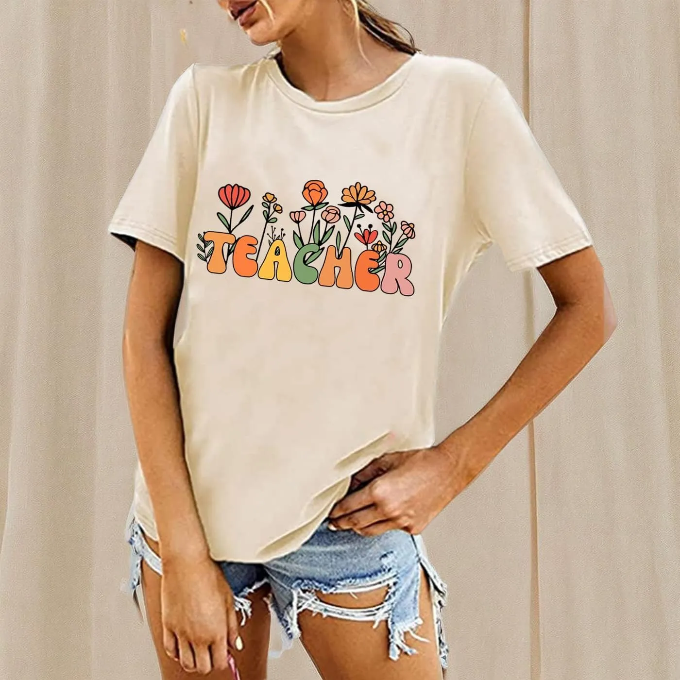 Women Flower Teacher Shirt Back to School Teaching Kindergarten Teacher Life Shirt Inspirational Letter Tee Tops
