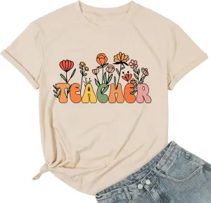 Women Flower Teacher Shirt Back to School Teaching Kindergarten Teacher Life Shirt Inspirational Letter Tee Tops