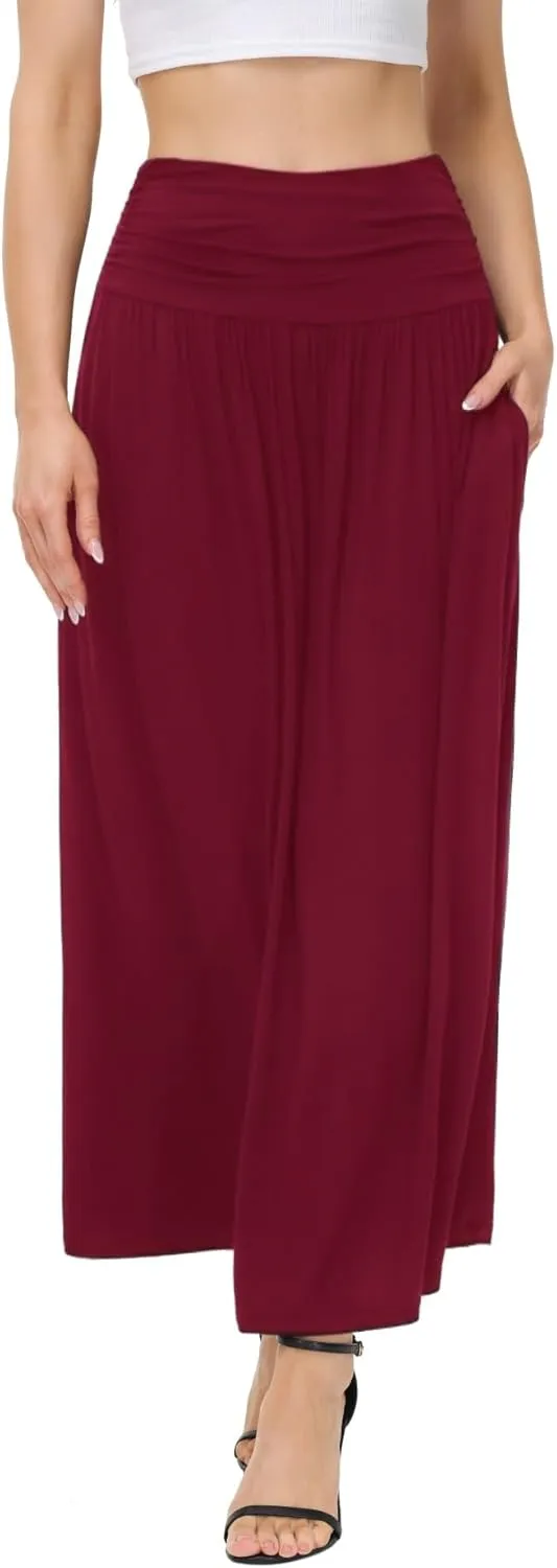 Womens Elegant Maxi Skirt Casual Ruched High Waist Flowy Long Skirts Reg and Plus Size with Pockets Black Floral