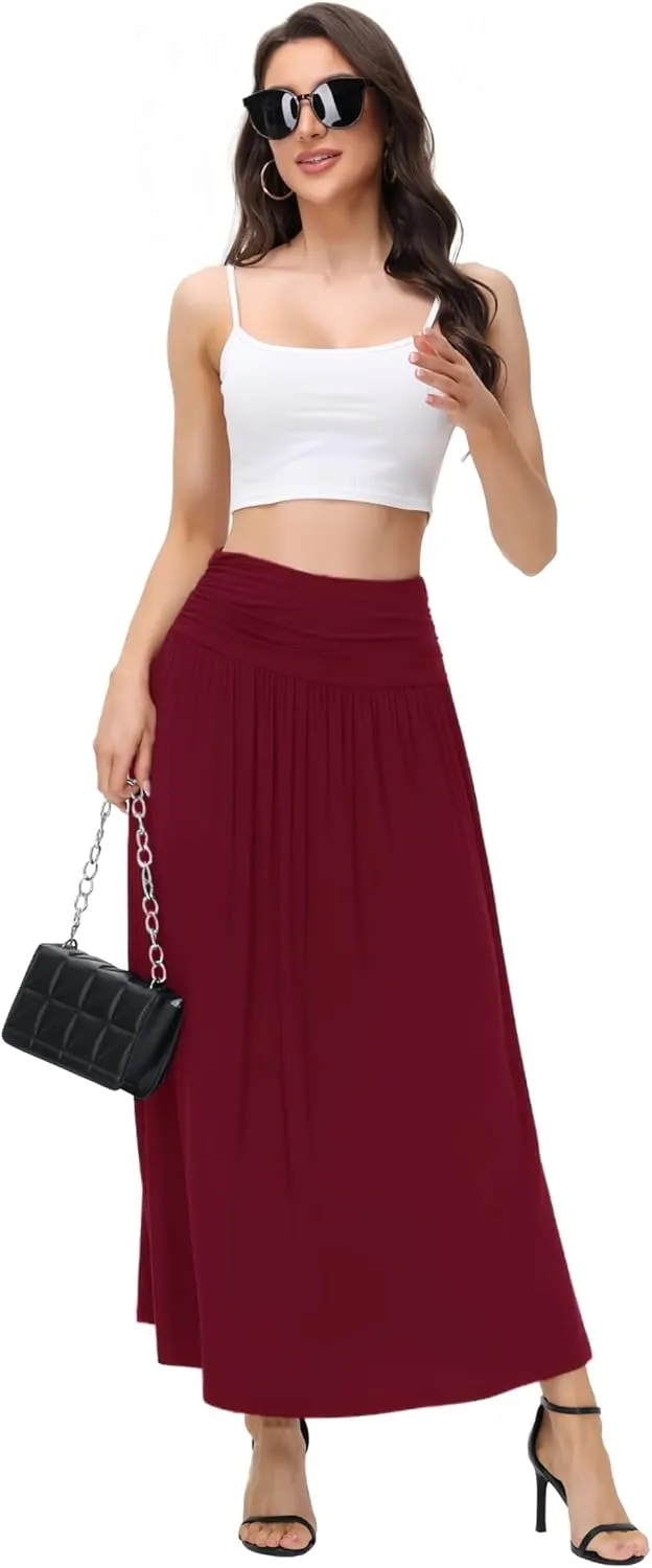 Womens Elegant Maxi Skirt Casual Ruched High Waist Flowy Long Skirts Reg and Plus Size with Pockets Black Floral