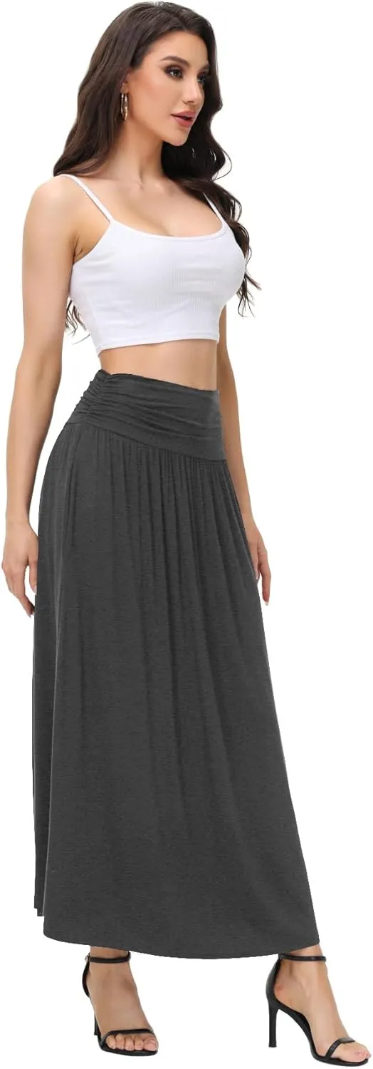 Womens Elegant Maxi Skirt Casual Ruched High Waist Flowy Long Skirts Reg and Plus Size with Pockets Black Floral