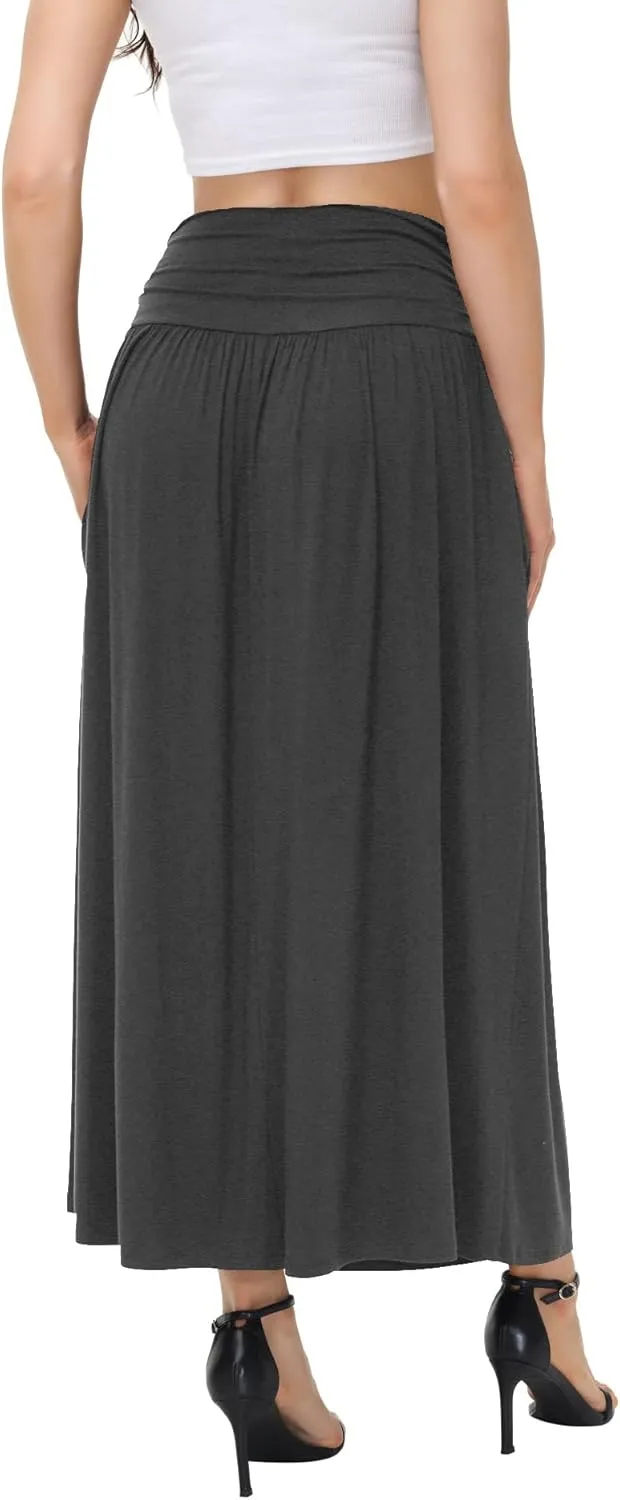 Womens Elegant Maxi Skirt Casual Ruched High Waist Flowy Long Skirts Reg and Plus Size with Pockets Black Floral
