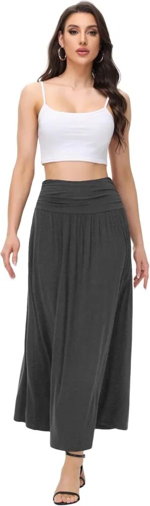 Womens Elegant Maxi Skirt Casual Ruched High Waist Flowy Long Skirts Reg and Plus Size with Pockets Black Floral