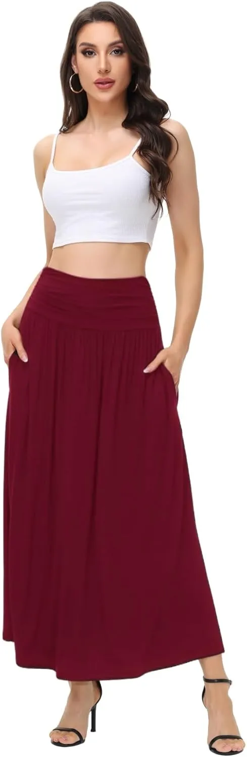 Womens Elegant Maxi Skirt Casual Ruched High Waist Flowy Long Skirts Reg and Plus Size with Pockets Black Floral