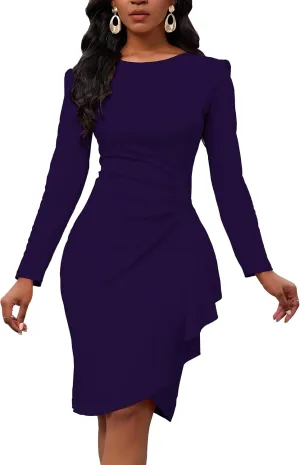Women's Long Sleeve Bodycon Dress Crew Neck Ruched Wrap Wear to Work Church Midi Pencil Dress Elegant