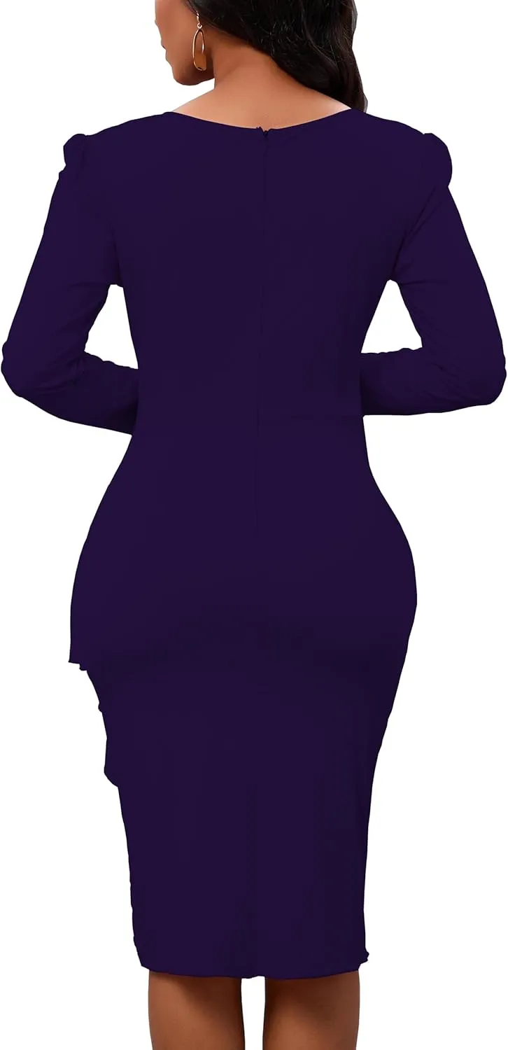 Women's Long Sleeve Bodycon Dress Crew Neck Ruched Wrap Wear to Work Church Midi Pencil Dress Elegant
