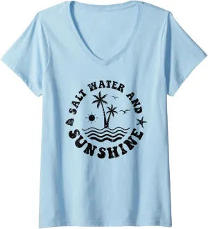 Womens Retro Salt Water and Sunshine Palm Trees Ocean Waves Vintage V-Neck T-Shirt