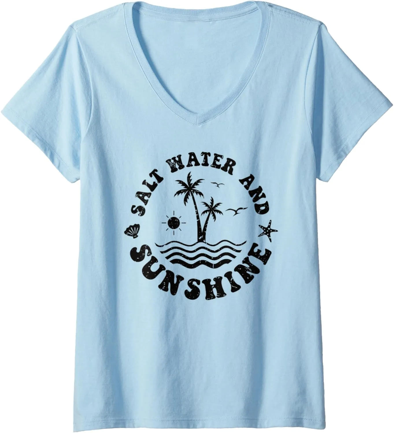 Womens Retro Salt Water and Sunshine Palm Trees Ocean Waves Vintage V-Neck T-Shirt