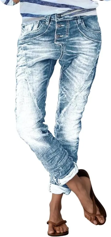 Womens Trendy Stretchy Low Rise Button Straight Leg Distressed Jeans Stylish Vintage Casual Loose Denim Pants