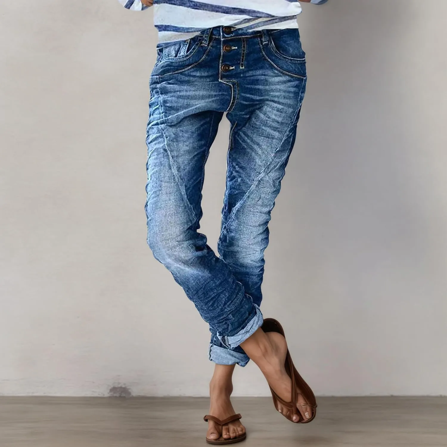 Womens Trendy Stretchy Low Rise Button Straight Leg Distressed Jeans Stylish Vintage Casual Loose Denim Pants