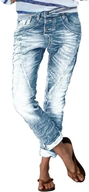 Womens Trendy Stretchy Low Rise Button Straight Leg Distressed Jeans Stylish Vintage Casual Loose Denim Pants
