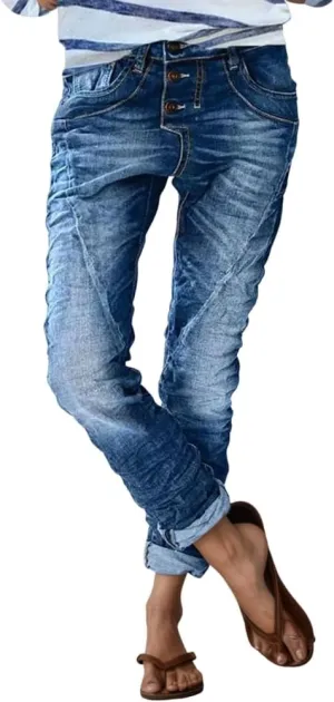 Womens Trendy Stretchy Low Rise Button Straight Leg Distressed Jeans Stylish Vintage Casual Loose Denim Pants