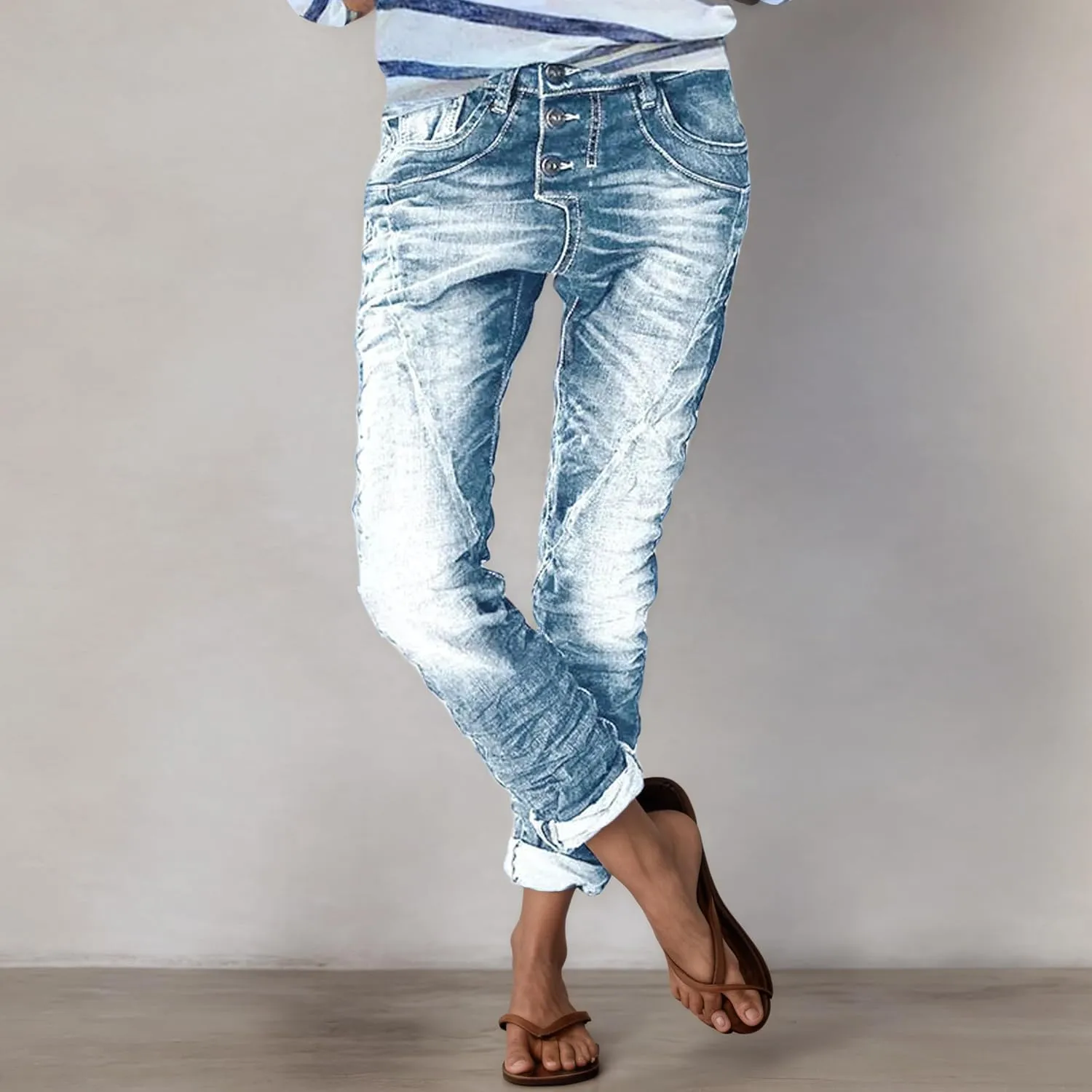 Womens Trendy Stretchy Low Rise Button Straight Leg Distressed Jeans Stylish Vintage Casual Loose Denim Pants