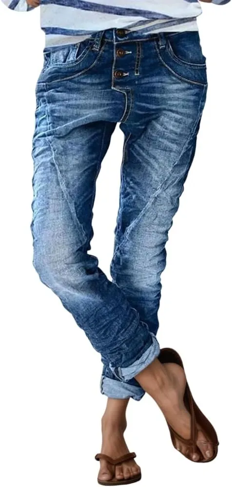 Womens Trendy Stretchy Low Rise Button Straight Leg Distressed Jeans Stylish Vintage Casual Loose Denim Pants